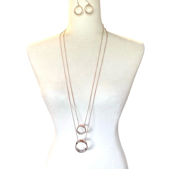 Rose Gold Tone Metal with Crystals Set Dangle Earrings Long Necklace - Picture 1 of 11